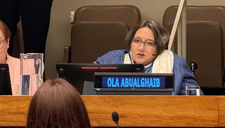 Dr. Ola Abualghaib speaking at the UN conference room